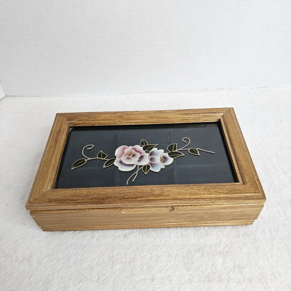 Vintage Wooden And Glass Hand Painted Jewlery Box